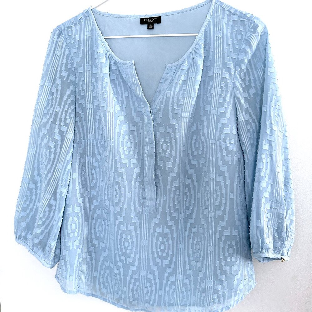 Talbots Textured Blouse Womens Small Petite Robin’s Egg Blue Spring Easter Top - Picture 2 of 8